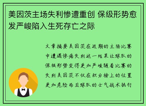 美因茨主场失利惨遭重创 保级形势愈发严峻陷入生死存亡之际
