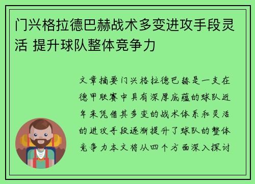 门兴格拉德巴赫战术多变进攻手段灵活 提升球队整体竞争力