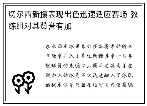 切尔西新援表现出色迅速适应赛场 教练组对其赞誉有加