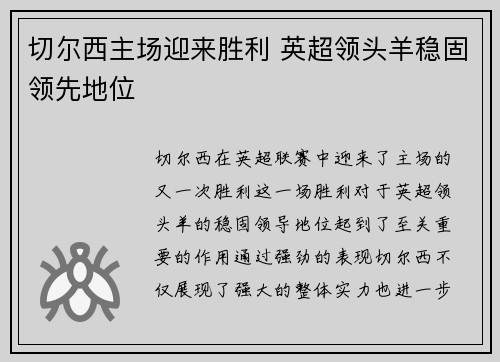 切尔西主场迎来胜利 英超领头羊稳固领先地位
