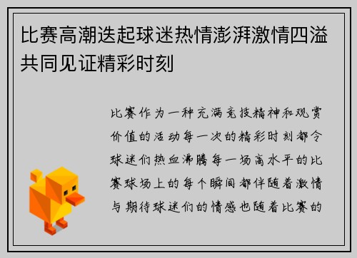 比赛高潮迭起球迷热情澎湃激情四溢共同见证精彩时刻