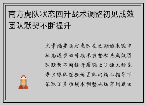 南方虎队状态回升战术调整初见成效团队默契不断提升