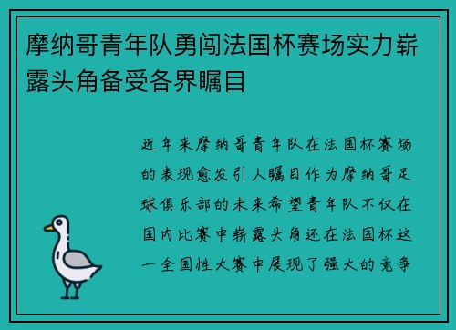 摩纳哥青年队勇闯法国杯赛场实力崭露头角备受各界瞩目