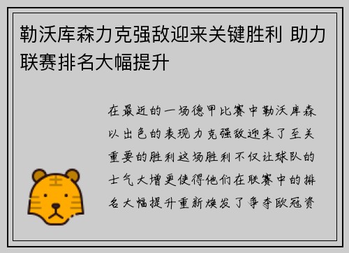 勒沃库森力克强敌迎来关键胜利 助力联赛排名大幅提升