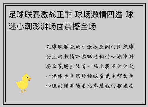 足球联赛激战正酣 球场激情四溢 球迷心潮澎湃场面震撼全场